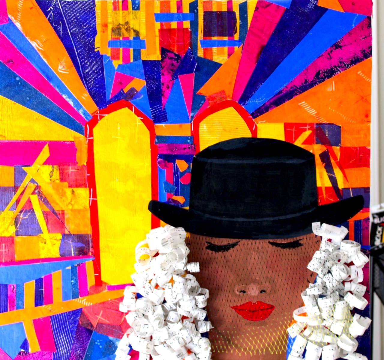 Church Lady — mixed media portrait with bold geometric color, 2025