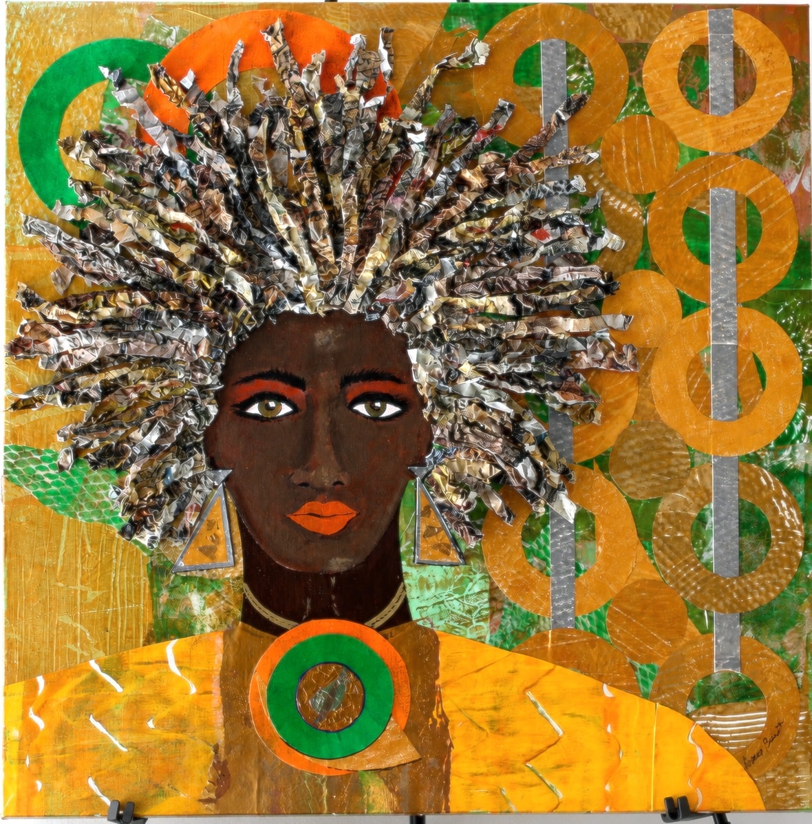 Circuitous Journey — mixed media portrait with foil and spiraling material, 2024