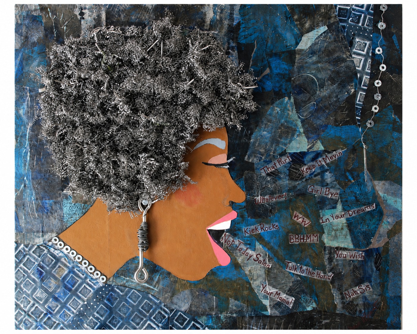 Haywire — mixed media portrait with silver textured hair and vivid pink, 2024