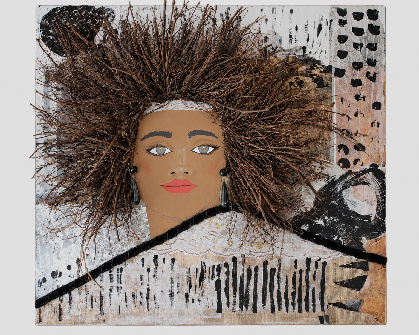Sticks and Stones — mixed media portrait with real twigs as hair and lace collar, 2024