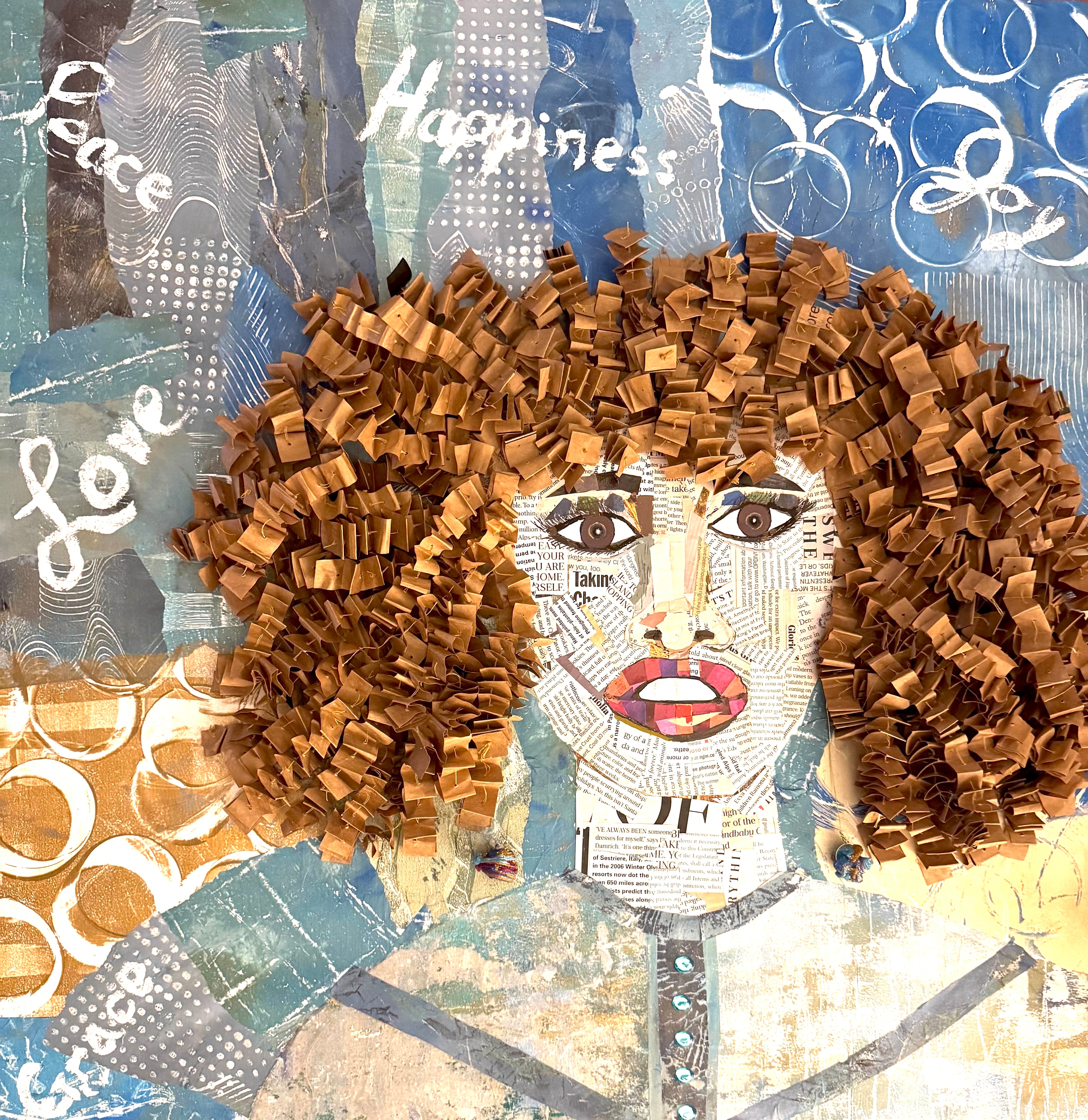 Wordsmythe — mixed media portrait with newsprint and collage, 2026
